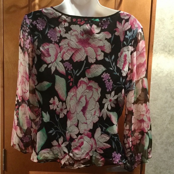 NWT❣️ Gorgeous Silk Floral V Neck Keyhole Side Zip Fitted Top ICE Pink Black - Picture 5 of 9